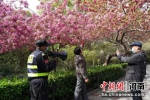 公园保安大叔汉英双语提示游人文明赏花 - 中国新闻社河南分社